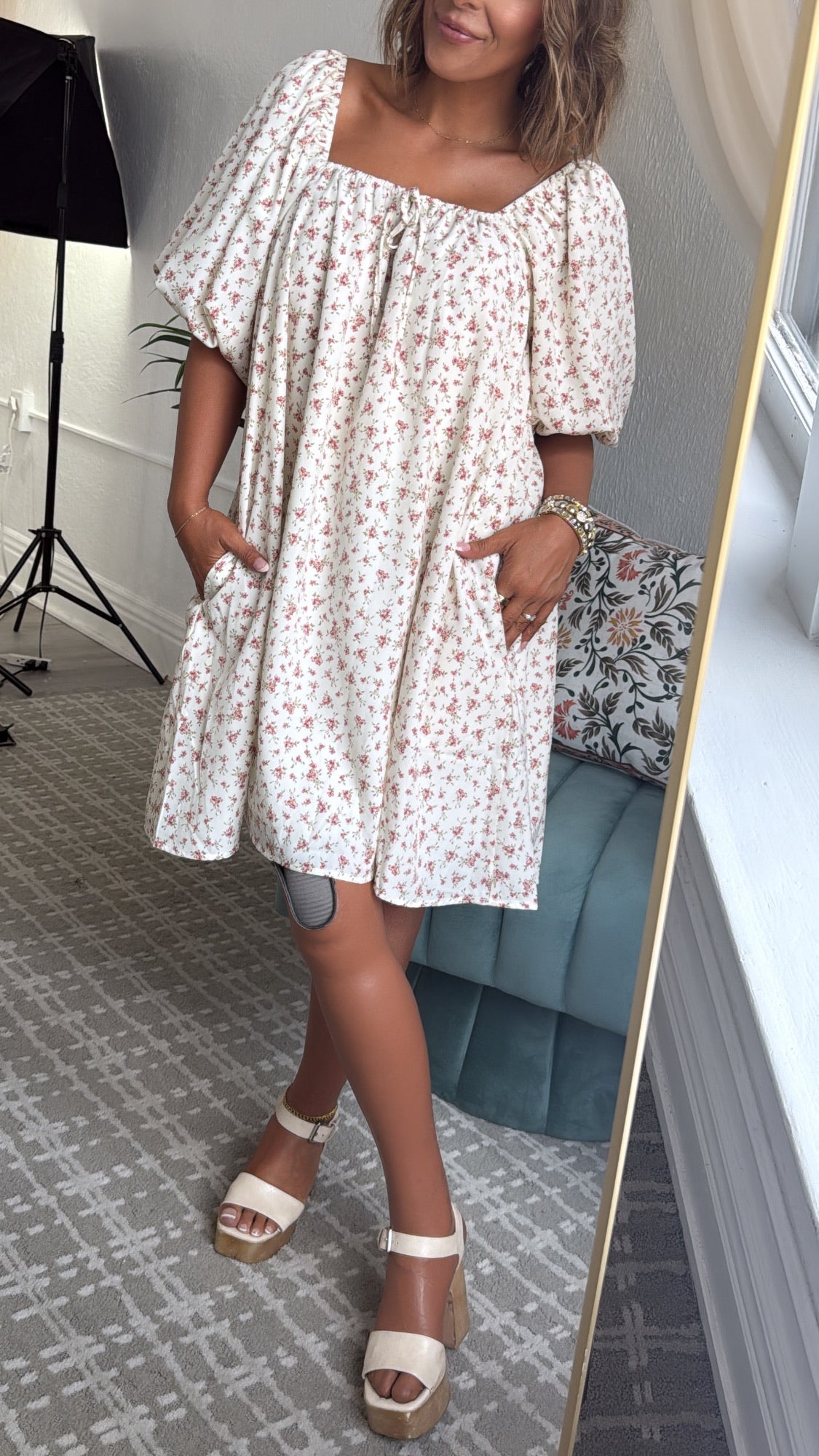 Tulip Kiss Puff Sleeve Dress, Off White/ Rose