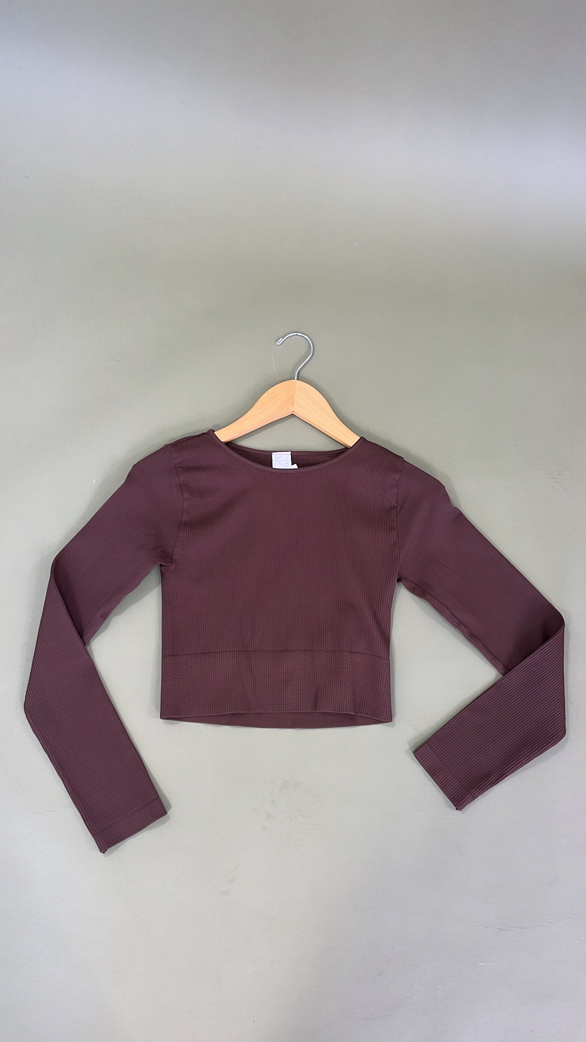 Ribbed Long Sleeve Crew Neck Top, Brown