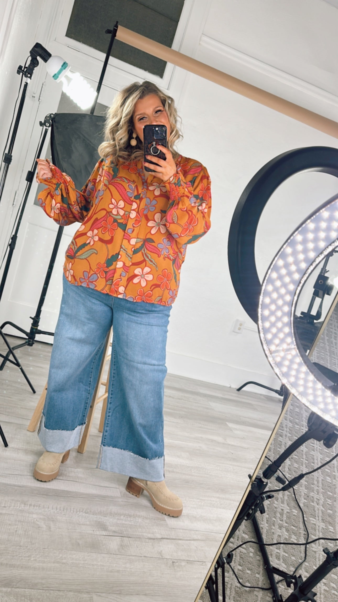 Standout  Long Sleeve Floral Blouse, Camel