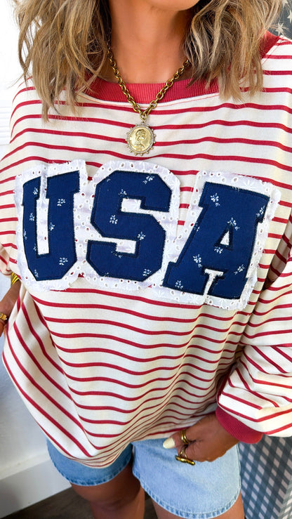 Striped USA Sweatshirt, Red/Cream