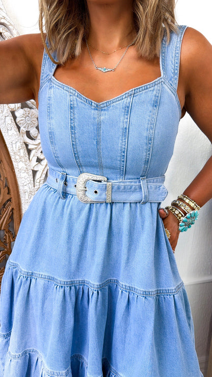 Saddle Up Buckle Dress, Denim