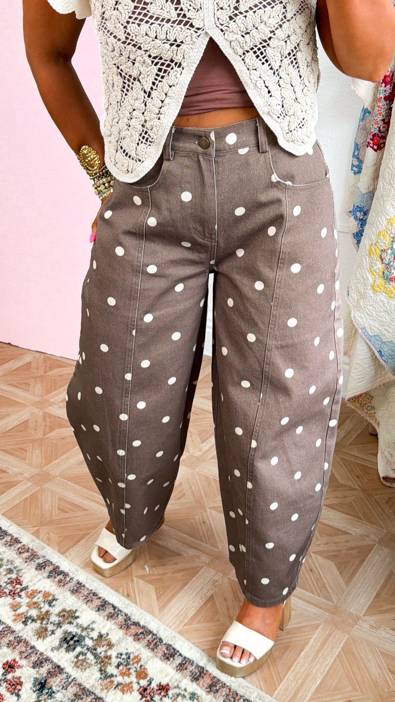 Sweet Pea Polka Dot Barrel Pants, Brown