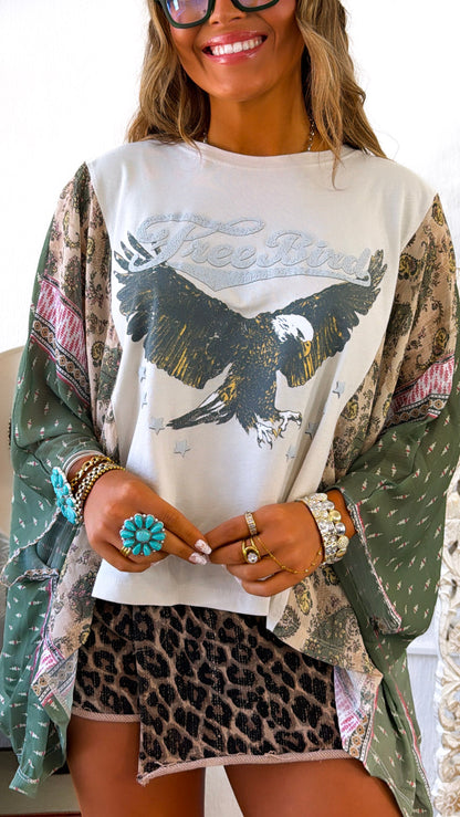 Relaxed Sleeve Free Bird Tee, Olive