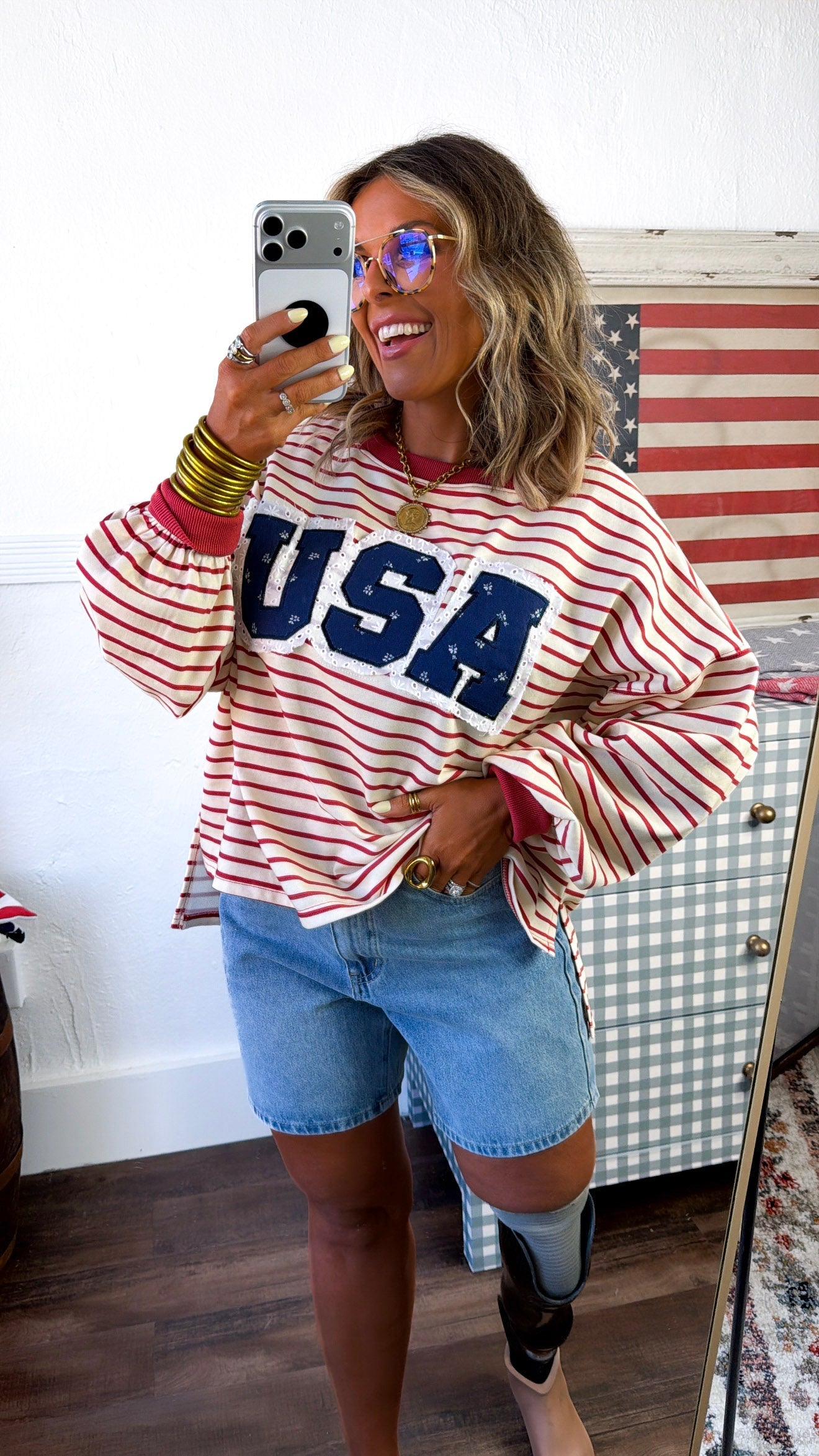 Striped USA Sweatshirt, Red/Cream