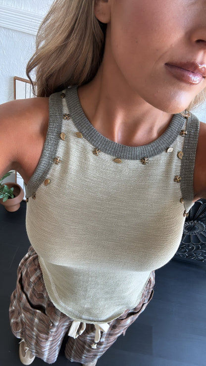 Simple Wear Basic Studded Detail Tank, Green