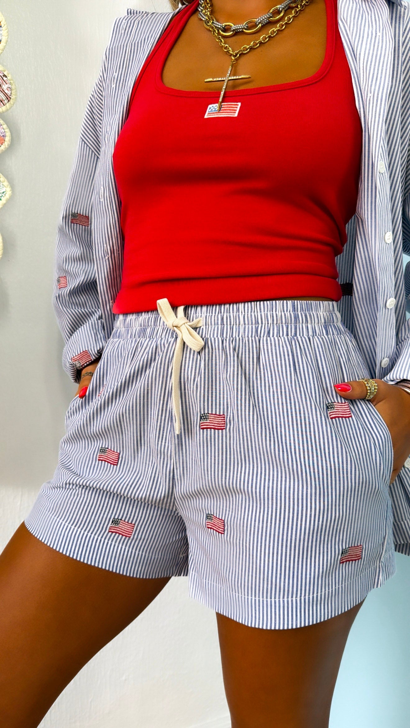 Stripe American Shorts, Navy/White