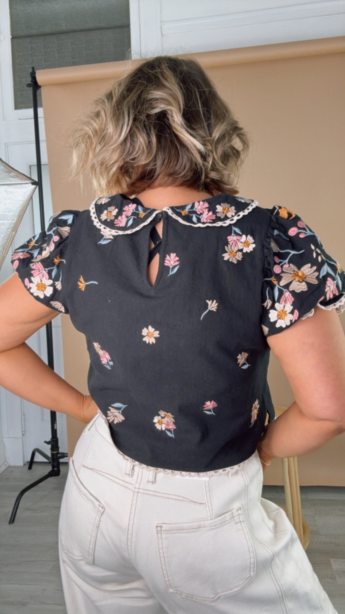 Sweet Things Embroidered Floral Puff Sleeve Top, Black