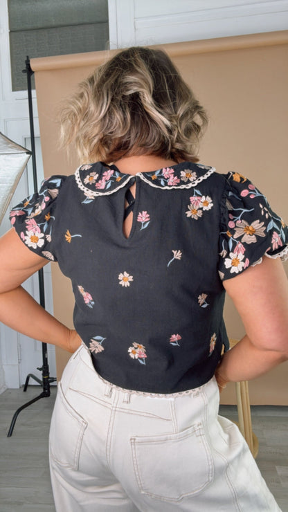 Sweet Things Embroidered Floral Puff Sleeve Top, Black