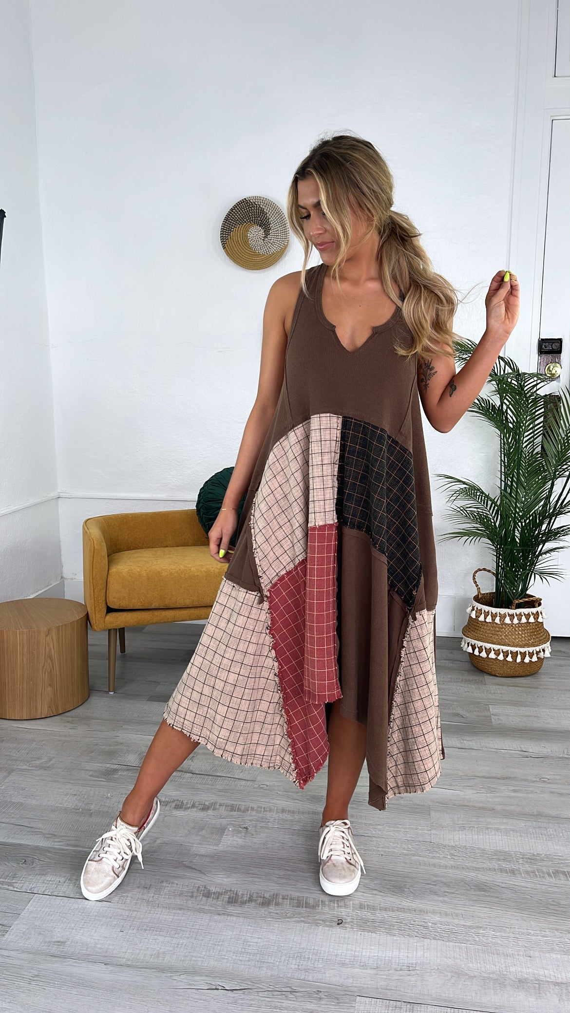 Rustic Patchwork A Symmetrical Dress, Mocha Brown