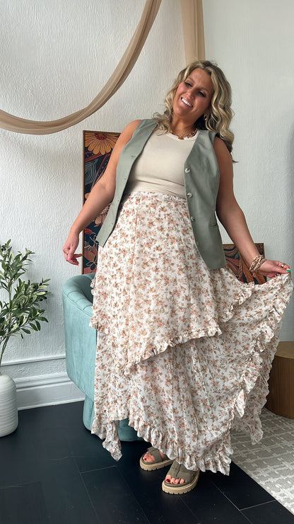 Sweet Melody Floral Print Midi Skirt, Cream