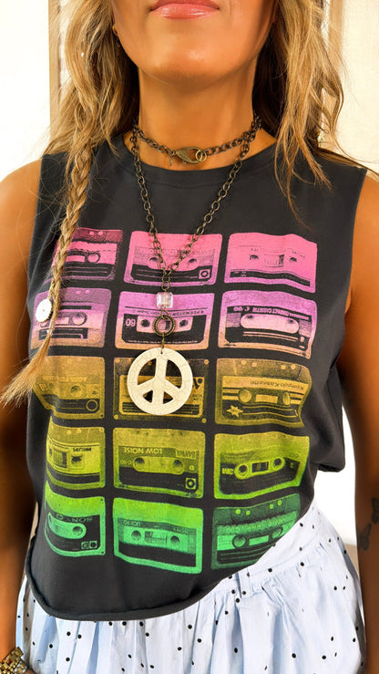 Throwback Cassette Tape Muscle Tee, Vintage Rainbow