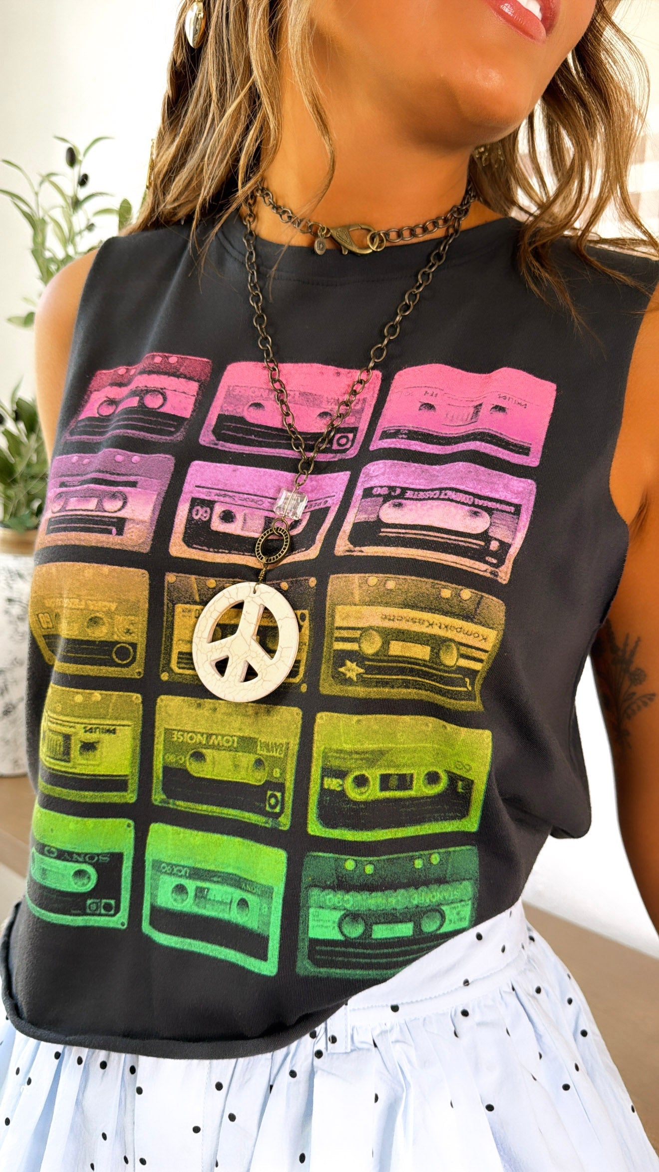 Throwback Cassette Tape Muscle Tee, Vintage Rainbow