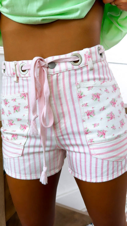 Waist Tie Floral Short, Lt. Pink