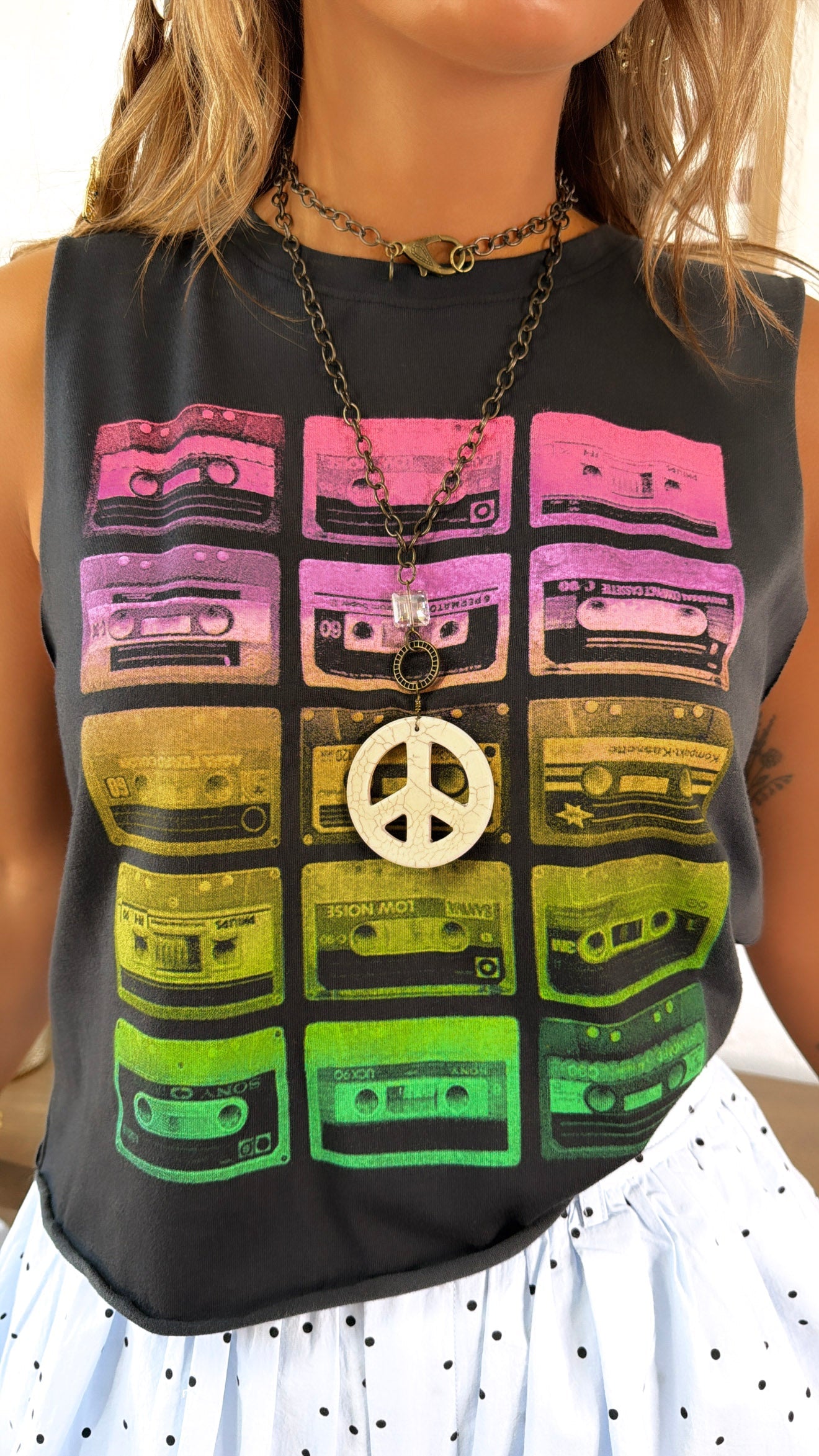 Throwback Cassette Tape Muscle Tee, Vintage Rainbow