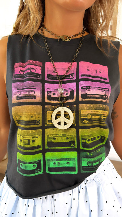 Throwback Cassette Tape Muscle Tee, Vintage Rainbow