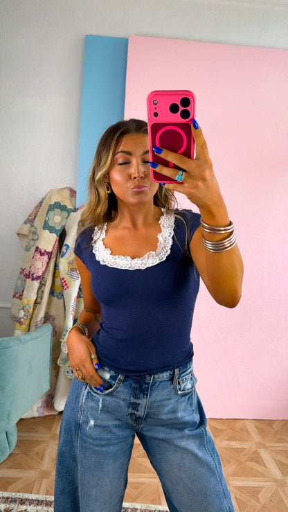 Rosie Lace Neck Basic Tee, Navy