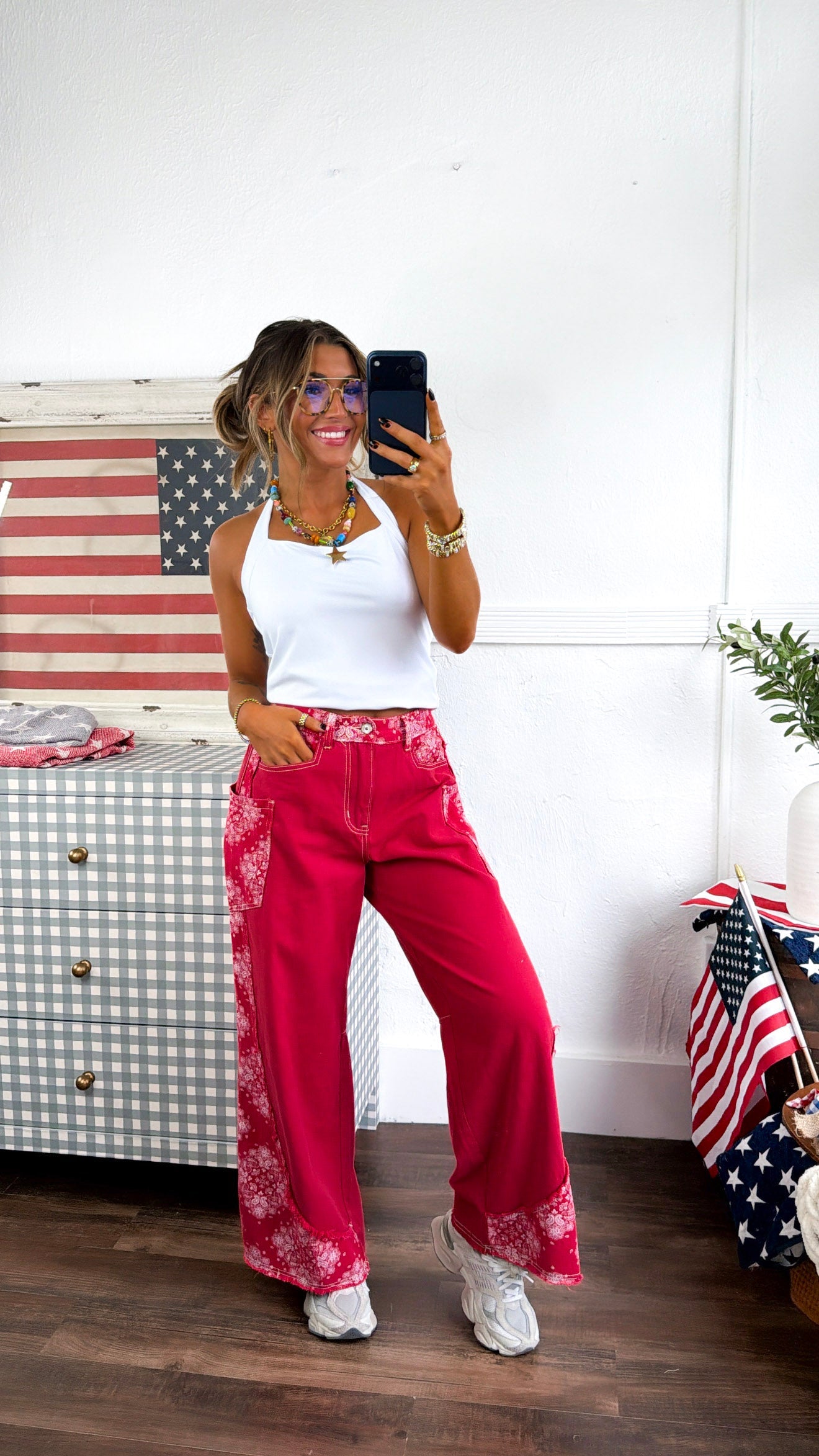 Relaxed Paisley Patch Pants, Red Multi