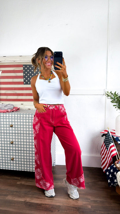 Relaxed Paisley Patch Pants, Red Multi