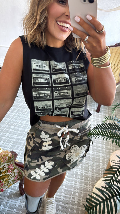 Throwback Cassette Tape Muscle Tee, Vintage Black