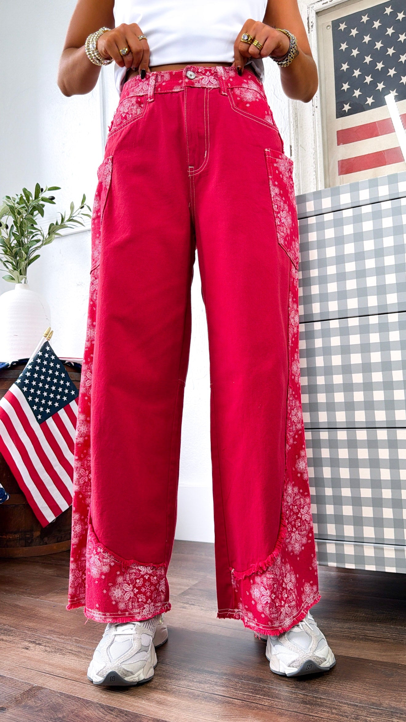 Relaxed Paisley Patch Pants, Red Multi