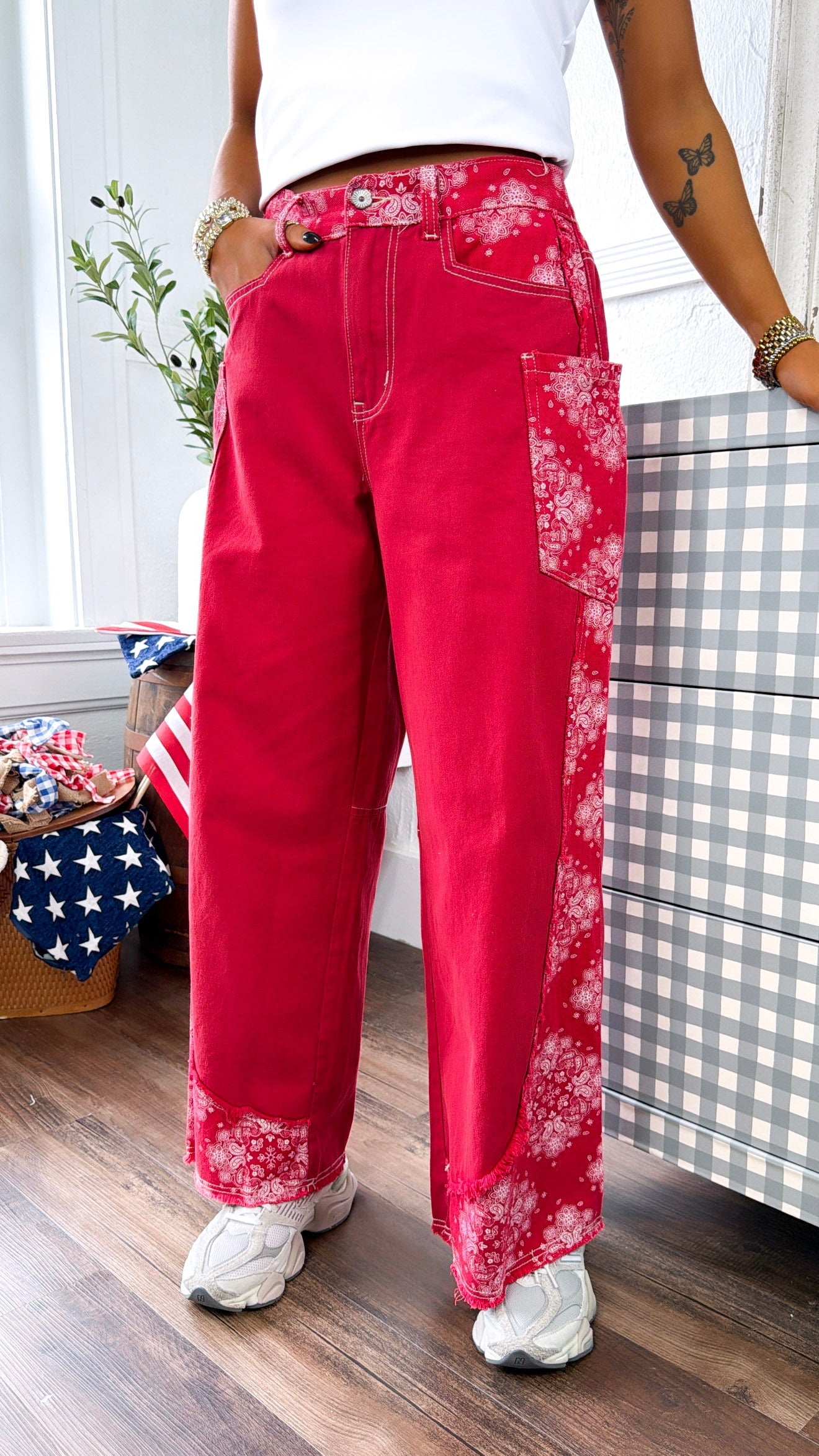 Relaxed Paisley Patch Pants, Red Multi