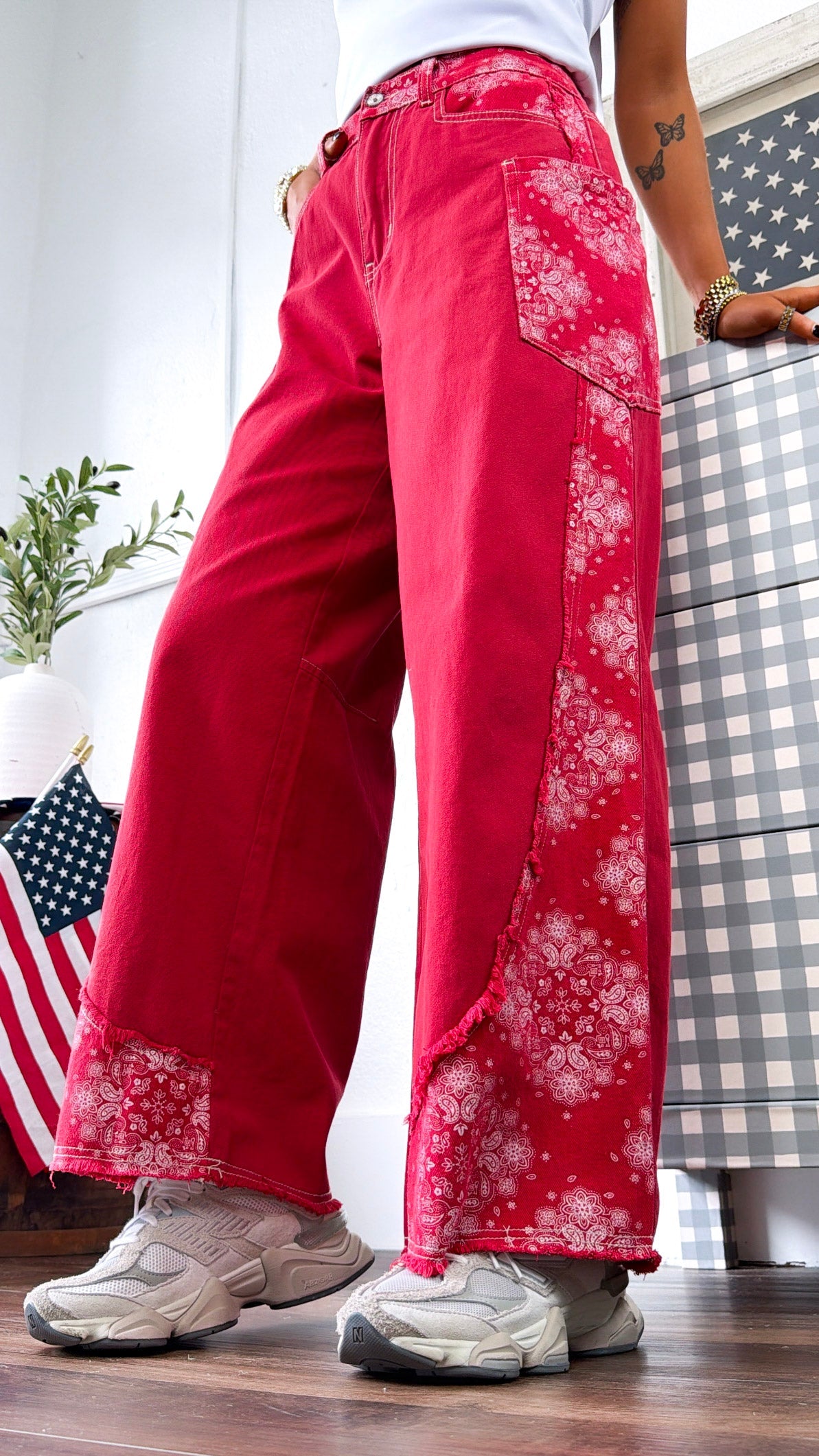 Relaxed Paisley Patch Pants, Red Multi