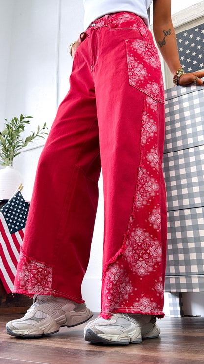 Relaxed Paisley Patch Pants, Red Multi