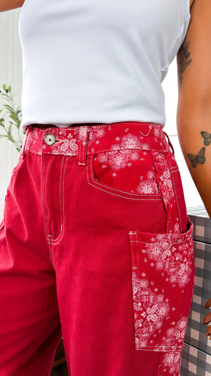 Relaxed Paisley Patch Pants, Red Multi