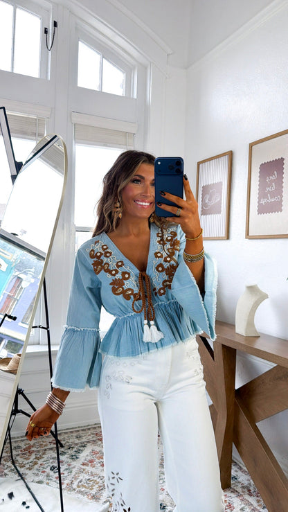 Sunspill Embroidered Top, Denim
