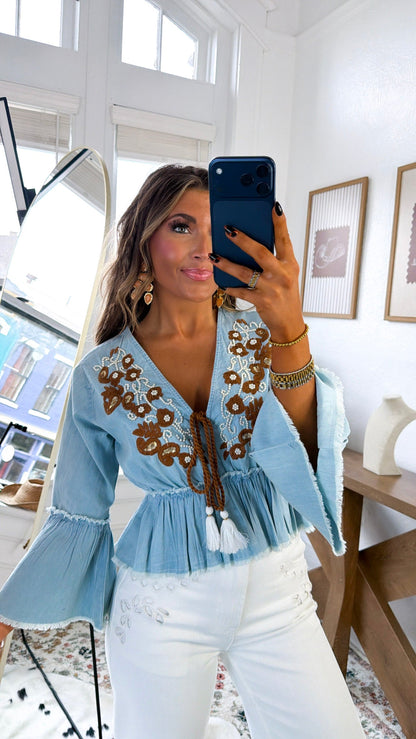 Sunspill Embroidered Top, Denim