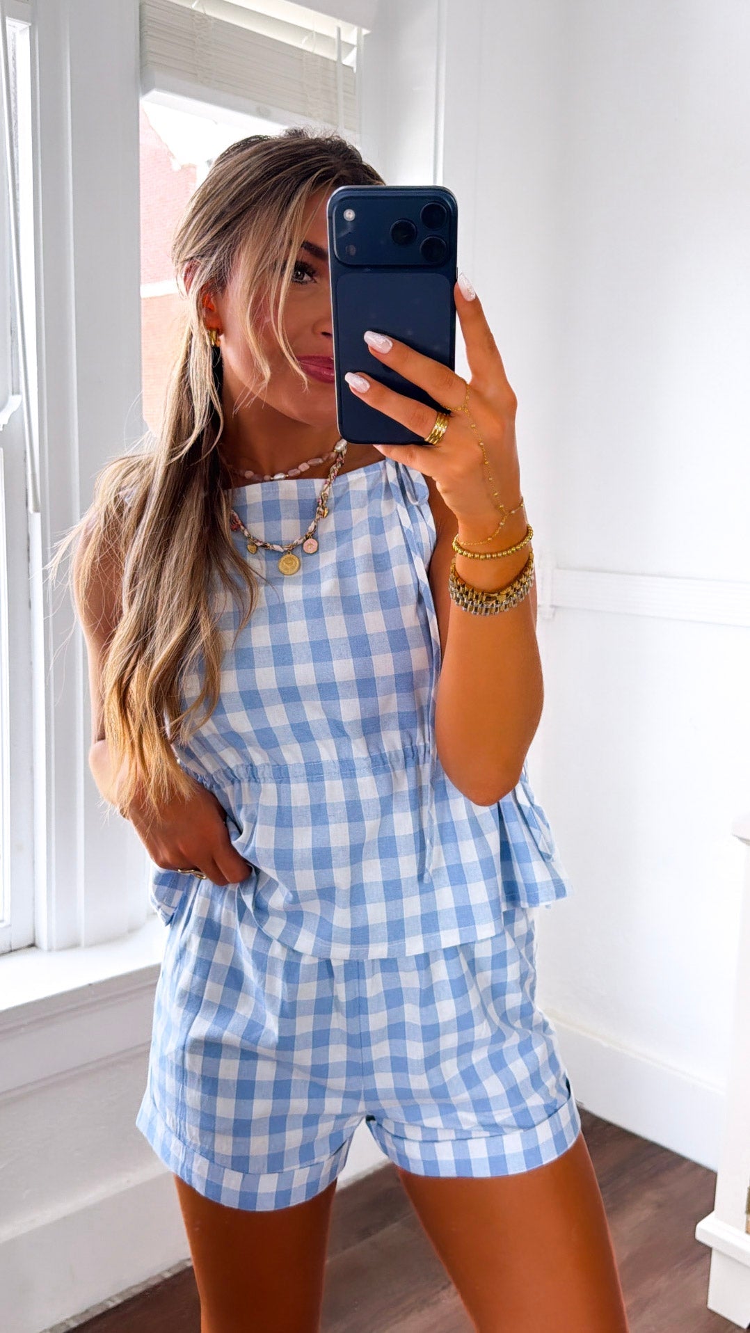Summer Gingham Two Piece Set, White/Blue