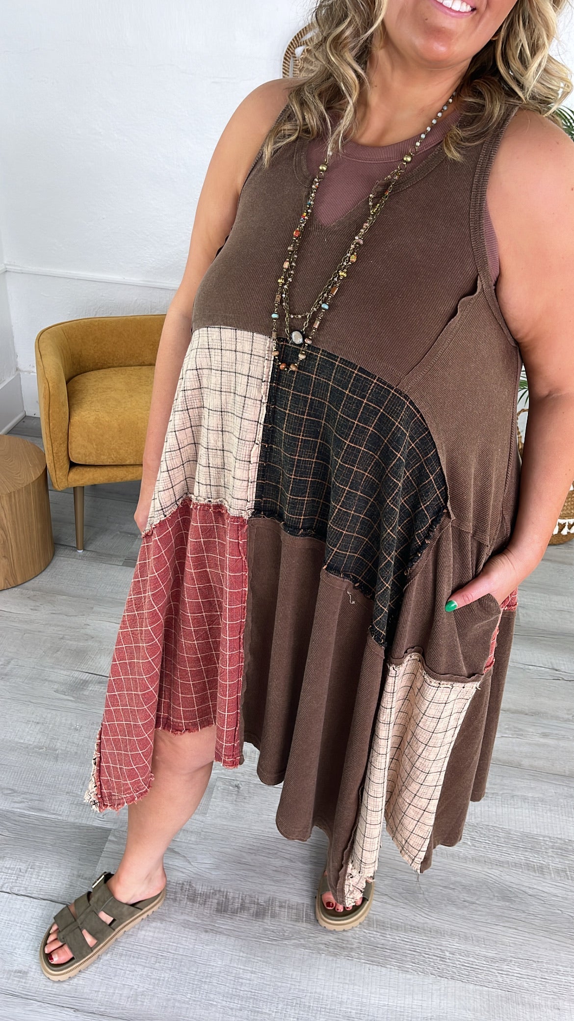 Rustic Patchwork A Symmetrical Dress, Mocha Brown