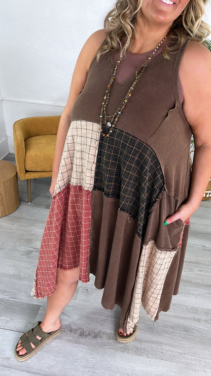 Rustic Patchwork A Symmetrical Dress, Mocha Brown