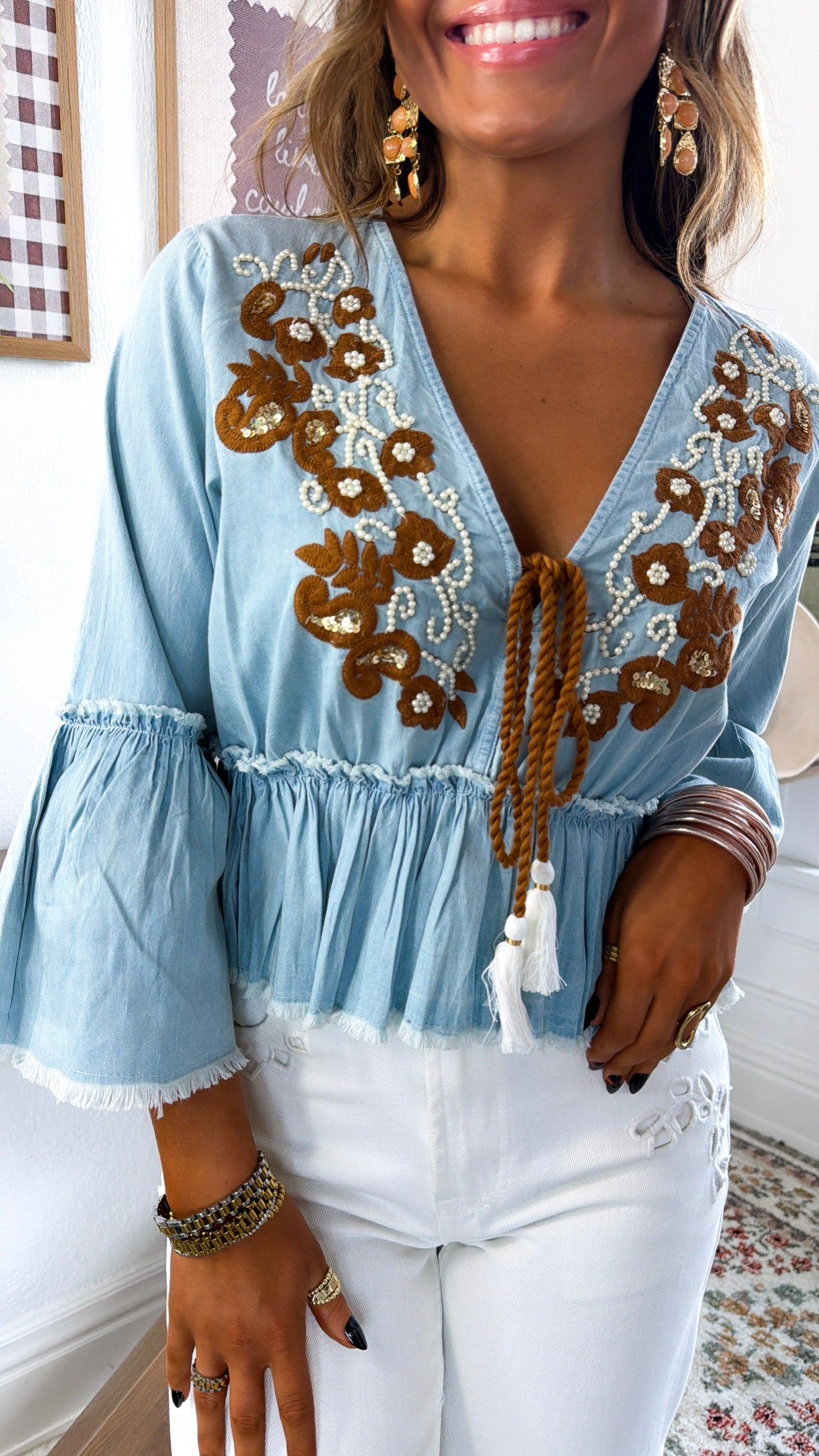Sunspill Embroidered Top, Denim