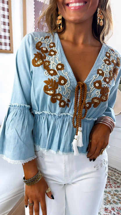 Sunspill Embroidered Top, Denim