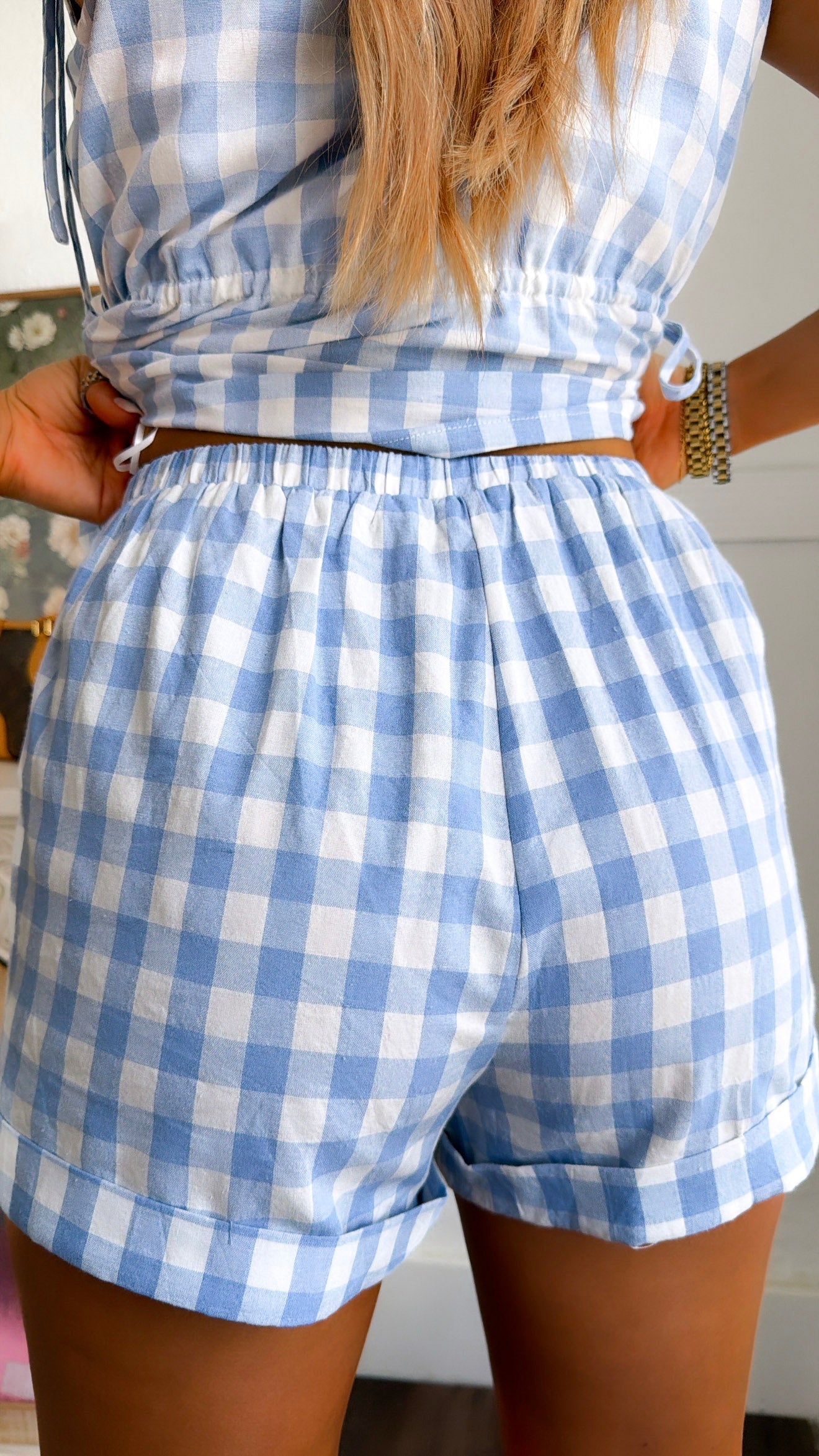 Summer Gingham Two Piece Set, White/Blue