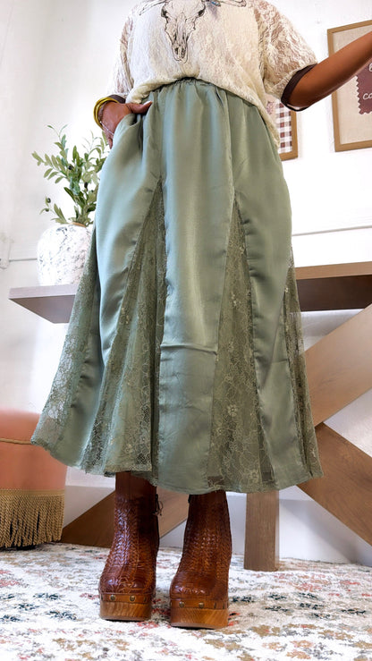 Sweet Lace Silk Maxi Skirt, Olive