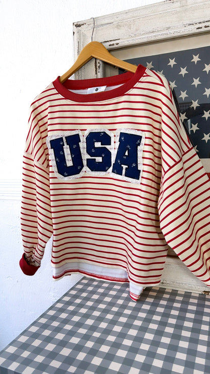 Striped USA Sweatshirt, Red/Cream