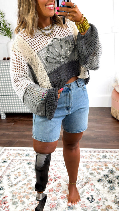 Seashell Open Knit Sweater, Grey Charcoal