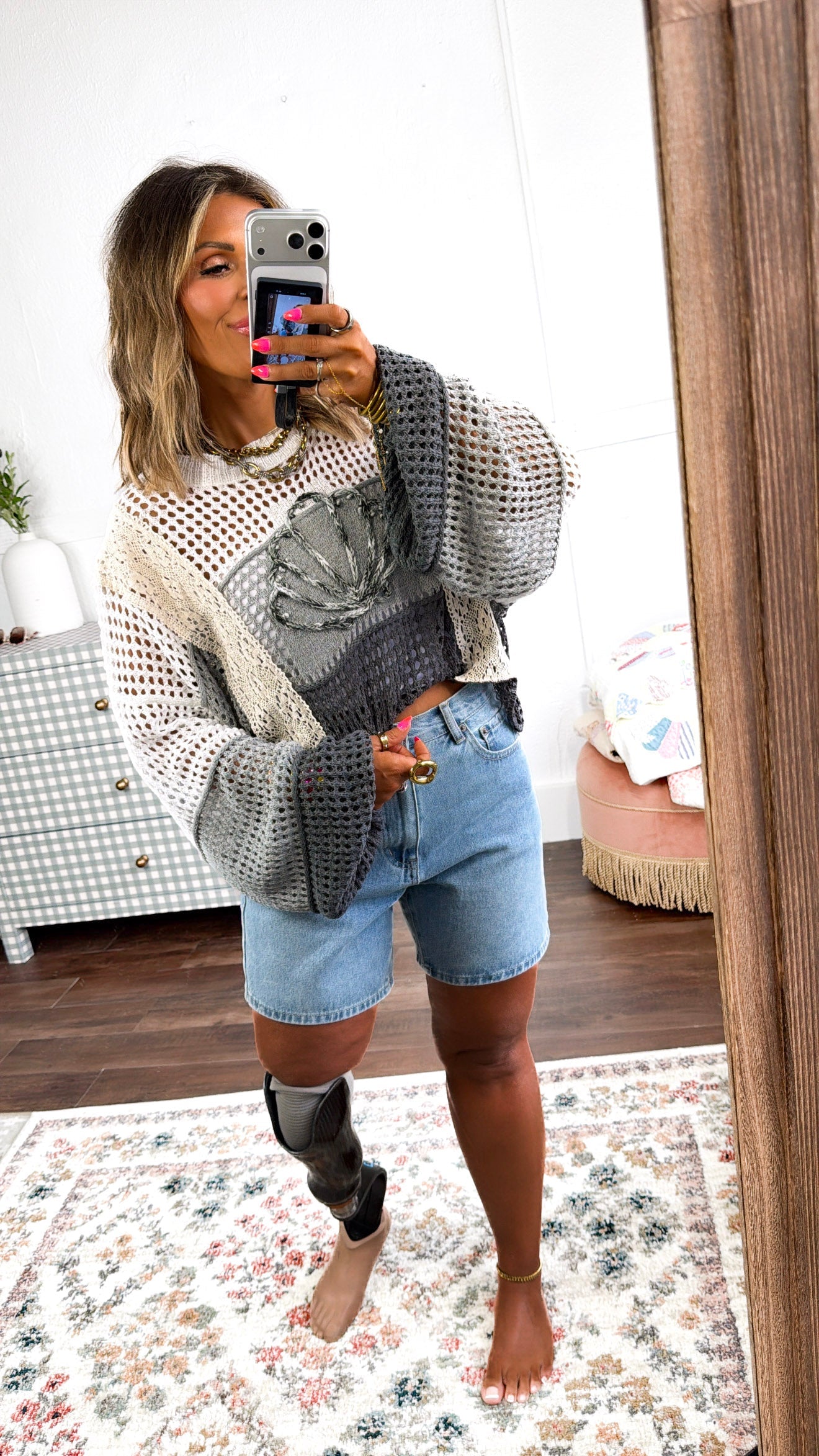 Seashell Open Knit Sweater, Grey Charcoal