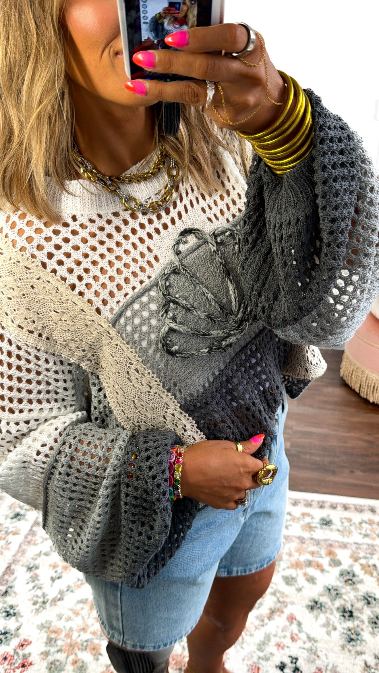 Seashell Open Knit Sweater, Grey Charcoal