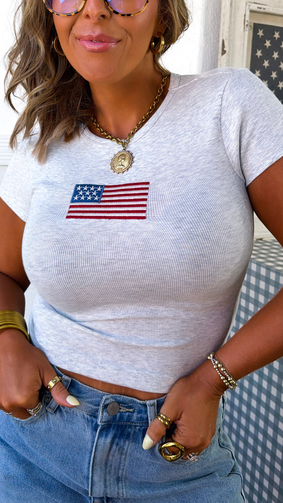 Sparklers & Stars Cropped Baby Tee, H. Grey