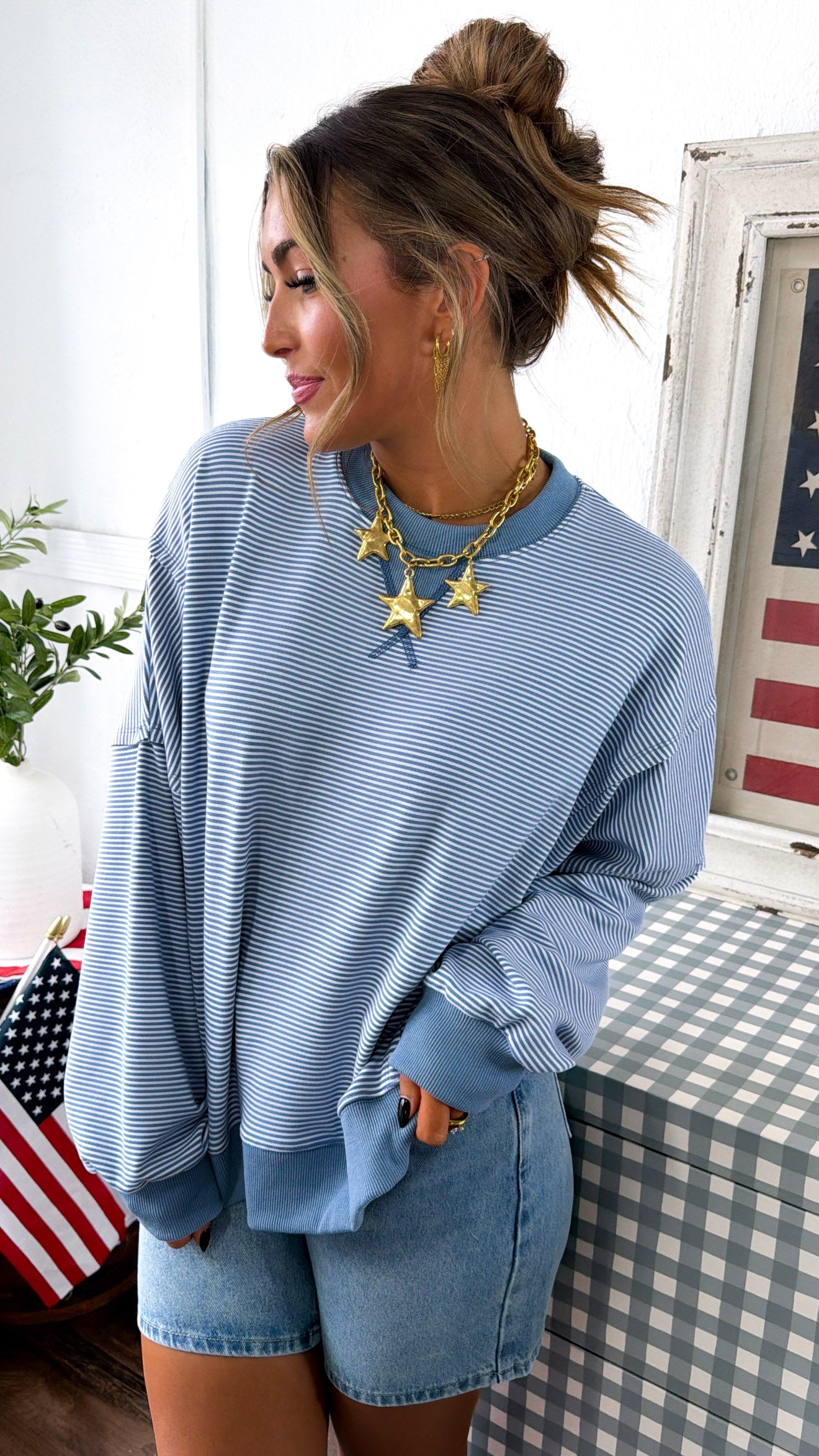 Weekend Stripe Crewneck, Ivory/Blue