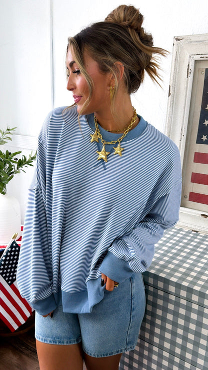 Weekend Stripe Crewneck, Ivory/Blue