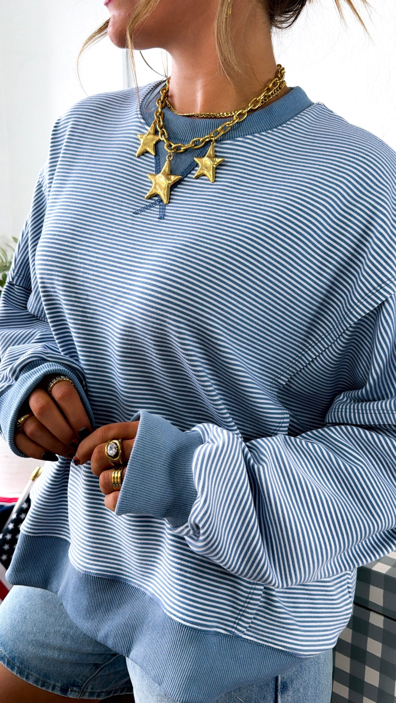Weekend Stripe Crewneck, Ivory/Blue