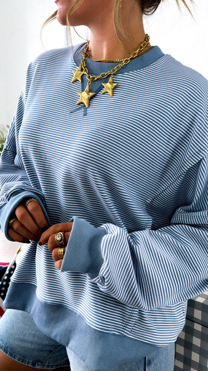 Weekend Stripe Crewneck, Ivory/Blue