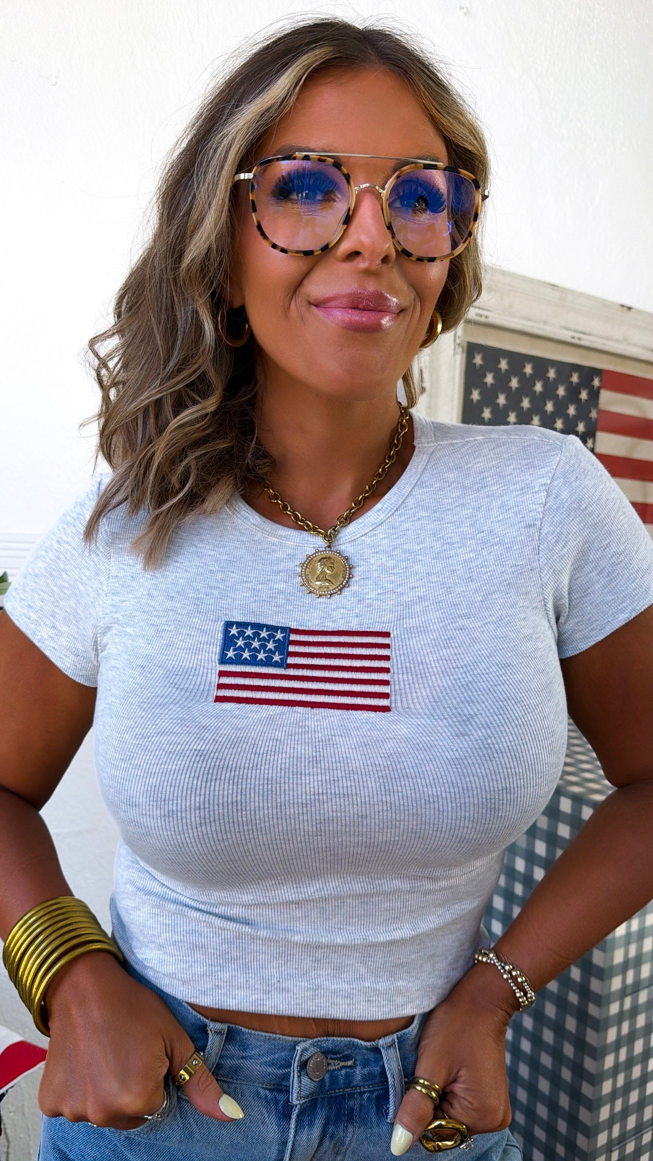 Sparklers & Stars Cropped Baby Tee, H. Grey