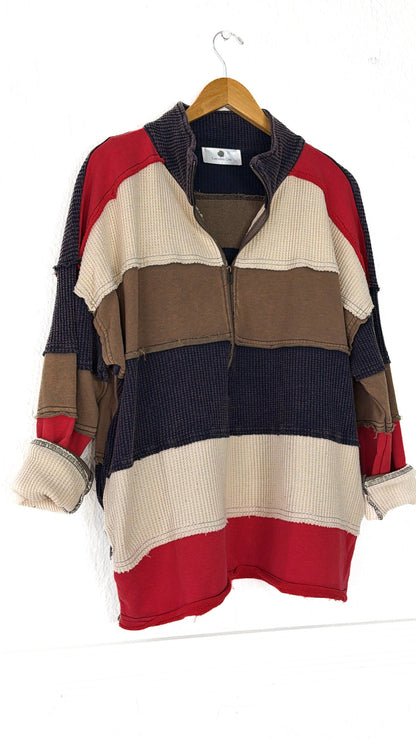 Washed Pullover Zip Up Collar Sweater, Navy Combo