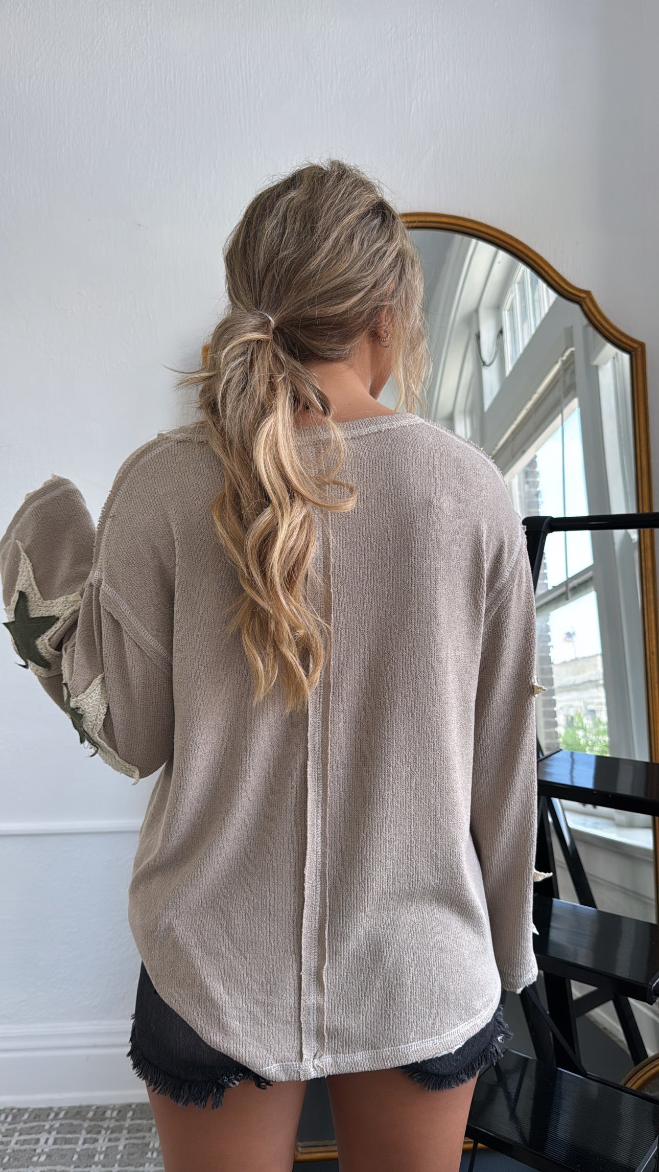 USA Distressed Light Weight Long Sleeve Top, Mocha