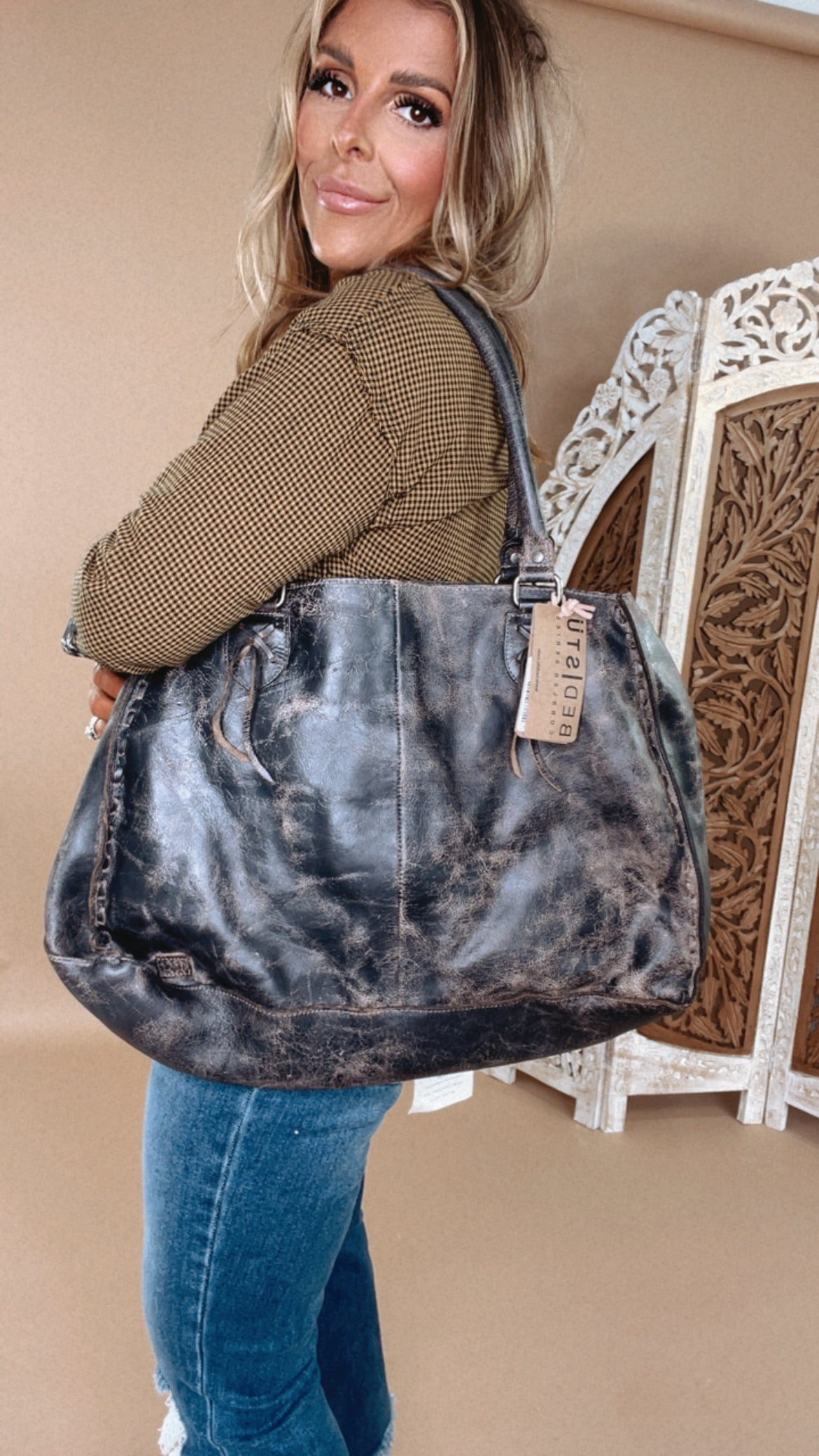 Rockaway Leather Tote, Black Luxe